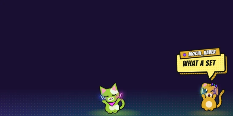 A green cat and an orange cat with glowsticks dance on a glowing floor; one shouts WHAT A SET in a yellow comic bubble
